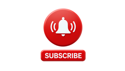 Red Subscribe Button with White Bell Icon and Sound Waves – Circular Alert Symbol and Bold Text Bar Isolated Transparent Background