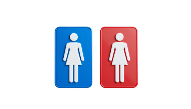 Blue and Red Restroom Signs with Male and Female Symbols – Stylized Man and Woman Figures Isolated Transparent Background