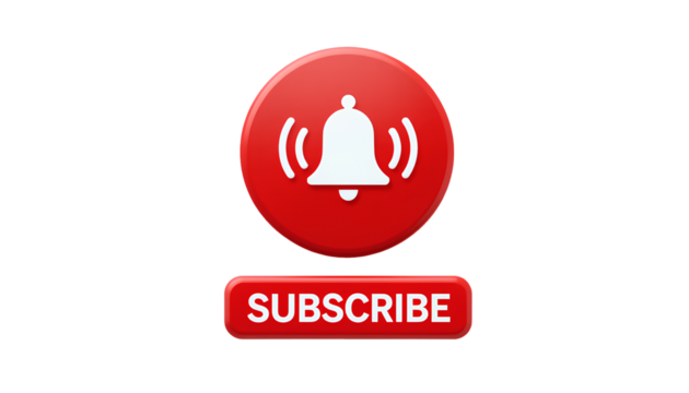 Red Subscribe Button with White Bell Icon and Sound Waves – Circular Alert Symbol and Bold Text Bar Isolated Transparent Background