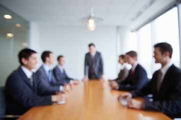 Blurred image of business people in a meeting around a table in a bright conference room