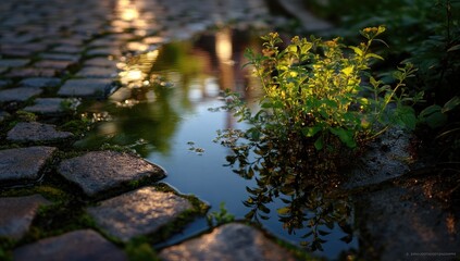 Cobblestone street puddle reflecting twilight sky. Small plant sprouts from the damp ground