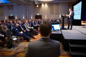 Audience watching a speaker on stage at a conference in a large room with lighting