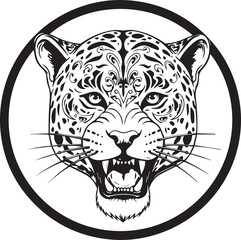 Obraz premium Stylized Jaguar Face with Detailed Ornate Patterns within a Circular Frame Keywords: jaguar, leopard, big cat, wild animal, predator, feline, head, face, portrait, black and white, monochrome