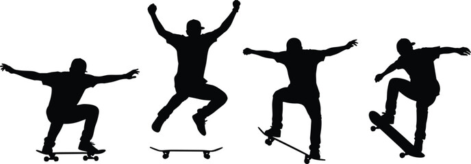Silhouettes of Skateboarders Performing Tricks – Jumping, Ollie, and Action Poses for Urban Sports, Youth Culture, and Street Style Designs