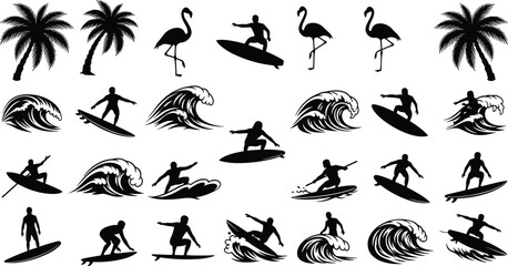 Surfing Silhouette Clipart Set – Palm Trees, Waves, Surfers, Flamingos | Summer Beach SVG Graphics for Cricut & Sublimation