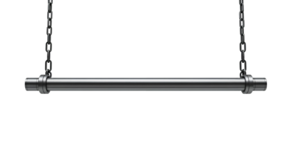 Polished Metal Bar Suspended by Heavy Chains – Smooth Cylindrical Gray Steel Isolated Transparent Background