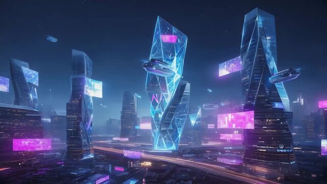 Futuristic city constantly morphing into surreal shapes, neon holograms transforming, dreamlike endless loop. 