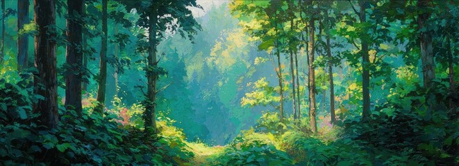 Lush, vibrant forest scene with sunlight filtering through the trees