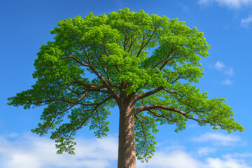 Fototapeta premium AI-generated image of a large flourishing tree with a thick trunk and wide branches covered in lush green leaves, set against a bright blue sky with soft white clouds.