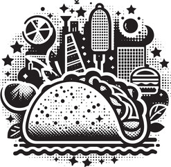 Obraz premium Black and White Illustration of a Taco Surrounded by Food and Urban Elements Design