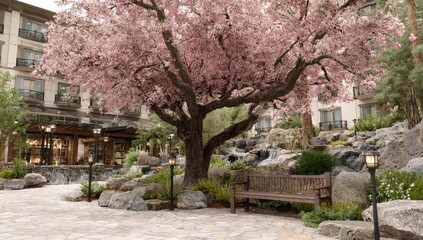 Pink blossoms cascade over a courtyard.  A bench sits beneath a large flowering tree.  Tranquil, landscaped space with stone accents