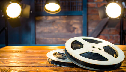 Vintage film reels and spotlights on a wooden table create a cinematic atmosphere