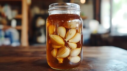 Garlic infused honey in a jar with garlic cloves floating inside