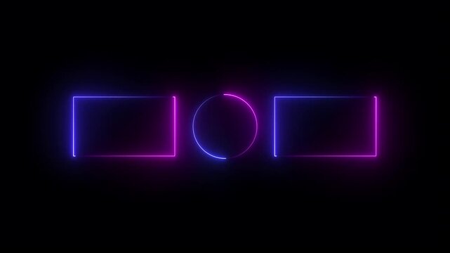 live streaming neon text frame animation. Neon glowing blue and purple color square rectangle picture frame icon animation border frame shape rotating display screen. on a black background