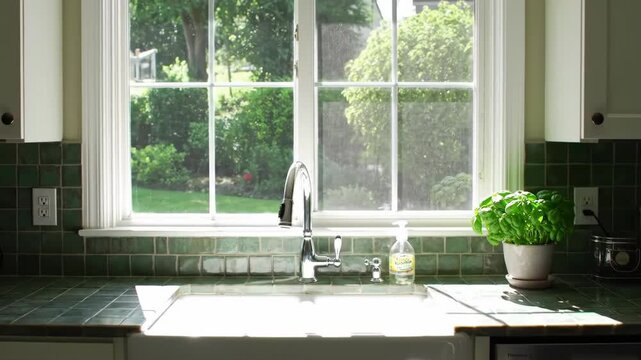 Sunlit kitchen with garden view through window and basil plant
