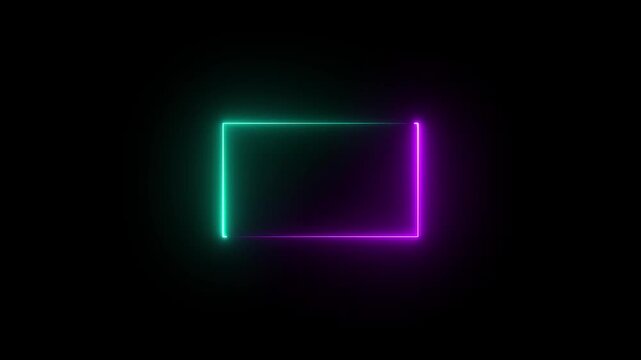live streaming neon text frame animation. Neon glowing cyan and purple color square rectangle picture frame icon animation border frame shape rotating display screen. on a black background
