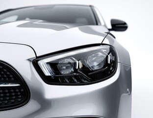 Close-up of a modern silver car's front end, highlighting sleek headlights and grille