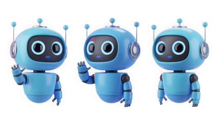 3d cute ai robot character in different angles. Chat bot mascot isolated render icon set. Digital artificial intelligence chatbot, friendly support assistant. Electric cyborg agent