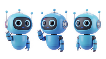 3d cute ai robot character in different angles. Chat bot mascot isolated render icon set. Digital artificial intelligence chatbot, friendly support assistant. Electric cyborg agent