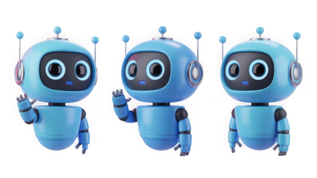3d cute ai robot character in different angles. Chat bot mascot isolated render icon set. Digital artificial intelligence chatbot, friendly support assistant. Electric cyborg agent