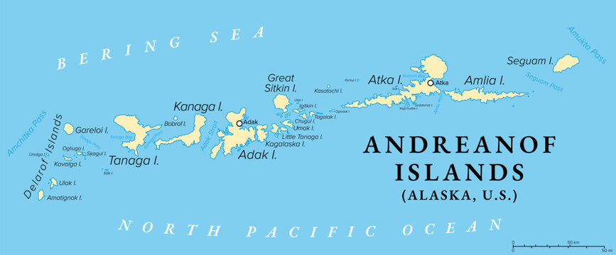 Andreanof Islands, Alaska, United States, political map. Group of islands in the Aleutian Islands, between Amchitka Pass and Amukta Pass, with Adak on Adak Island, the westernmost city of the USA.