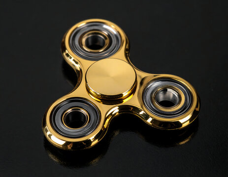 Golden fidget spinner with metal bearings on black surface, reflecting light and showing smooth shiny texture, playful and modern toy - Powered by Adobe