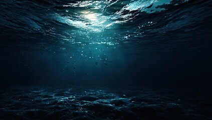 Deep ocean scene, sunlight filtering through the water surface