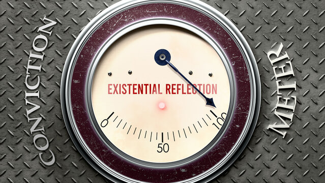 Existential Reflection and Conviction that is hitting a full scale, showing a very high level of existential reflection, overload of it, too much of it. Maximum value. ,3d illustration