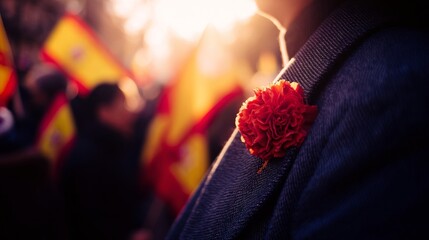 A formal attire with a red carnation on the lapel, symbolizing a national celebration in Spain,