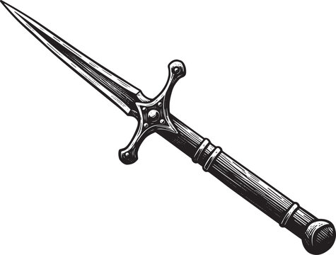 Elegant glaive design in monochromatic woodcut style on white ba