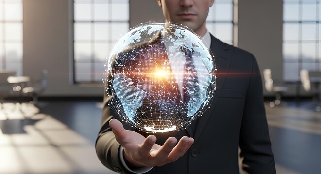A businessman in a suit holds a glowing, digital globe with interconnected networks in his outstretched hand, symbolizing global connection.