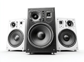Fototapeta premium Three audio speakers, black and white, on white background