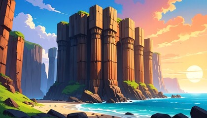 A dramatic coastal landscape showcases towering, stylized structures, reminiscent of a massive fortress, standing sentinel over a serene beach at sunset.