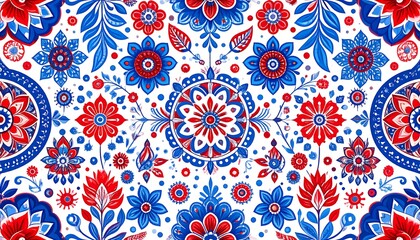 Floral pattern design with red and blue flowers on white background