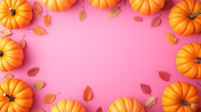 Autumn pumpkins background pink fall halloween thanksgiving flat lay