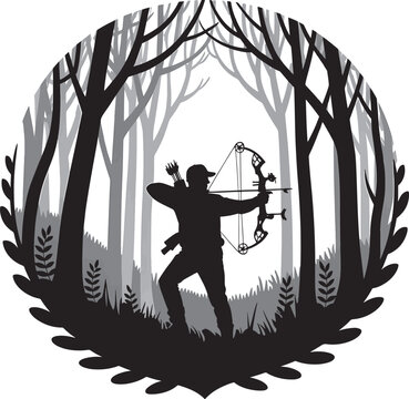 Silhouette of a hunter aiming with a compound bow in a serene forest landscape graphic illustration offering a peaceful hunting atmosphere