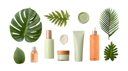 Natural skincare products with tropical leaves, isolated on transparent background