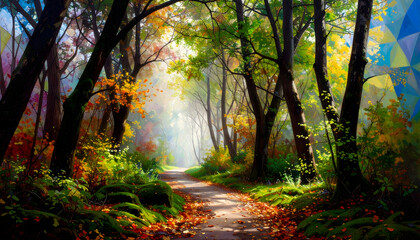 Fototapeta premium Enchanted Forest Path A Sunny Autumn Walk Among the Trees and Colorful Leaves