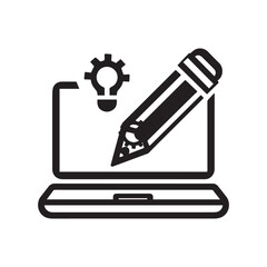 Laptop with Pencil Icon Vector Black and White