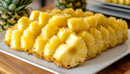 fresh pineapple slices arranged in overlapping layers on a white rectangular platter