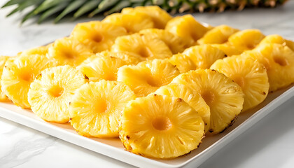 fresh pineapple slices arranged in overlapping layers on a white rectangular platter