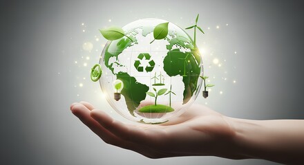 A hand holds a glowing green globe adorned with plants, wind turbines, and a recycling symbol, representing environmental sustainability.
