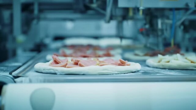Pizza bases on a conveyor belt being processed in a factory