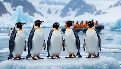 Obraz premium Emperor Penguins on an Iceberg in Antarctica with Tourists in a Zodiac Boat, Surrounded by Snowy Mountains and Icebergs - Nature, Wildlife, Travel, and Adventure