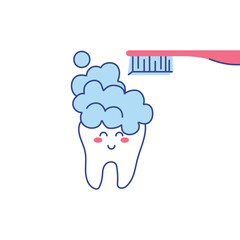 Tooth character with toothbrush. Tooth emoji vector flat illustration.
