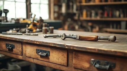 Antique woodworking tools on workbench in workshop with rustic, and old wooden surface.