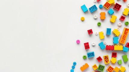 Colorful plastic construction blocks scattered on a white surface ideal for childhood theme