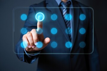 A person interacts with a futuristic interface and pressing on a touch screen