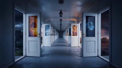 Discover infinite possibilities through an endless hallway of open doors leading to diverse surreal landscapes