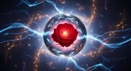 A vibrant red rose glows within a luminous energy sphere, surrounded by swirling electric currents.